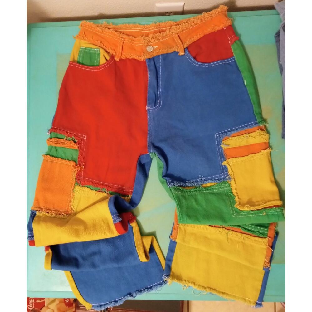 Primary Colors Color Block Patchwork Denim Boyfriend Fit Funky Jeans SZ 32 - Picture 2 of 10